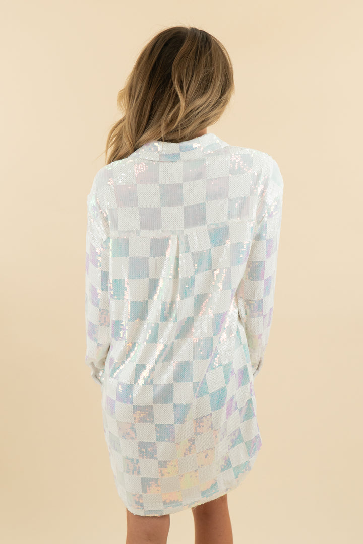 style rack white checkerboard sequin dress (s)