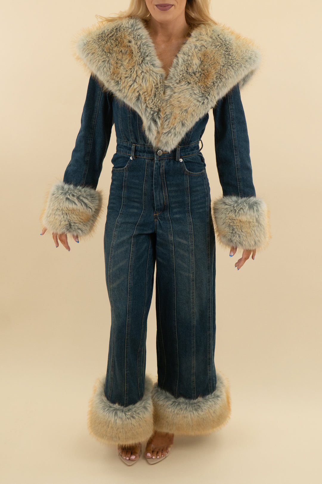 akira denim and fur jumpsuit (m)