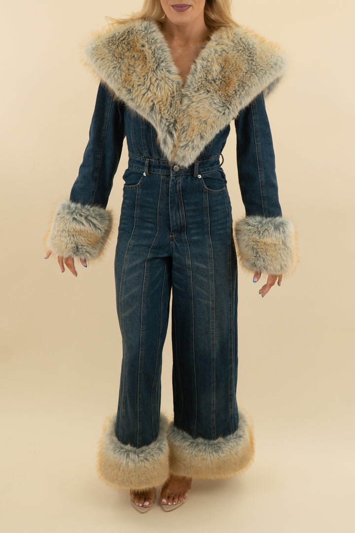 akira denim and fur jumpsuit (m)