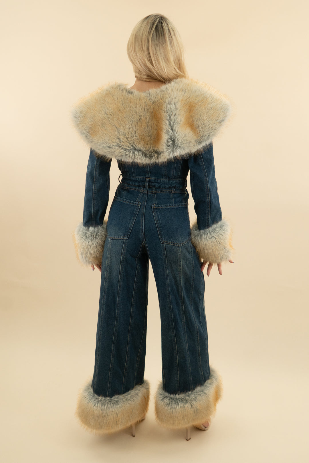 akira denim and fur jumpsuit (m)