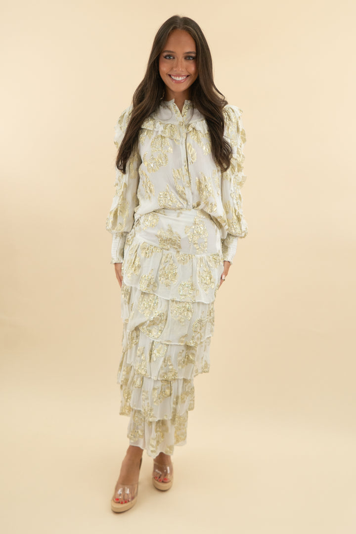 a loves a white shimmer ruffle tiered midi skirt (xs)