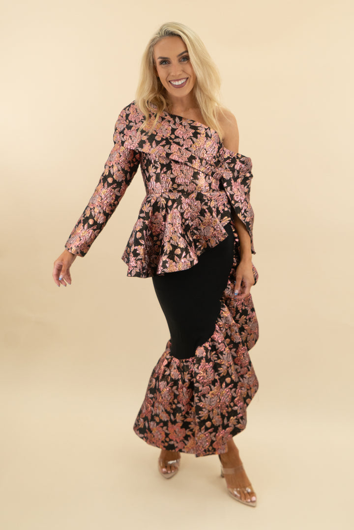 akira black metallic floral jacquard ruffle top and skirt set (s)