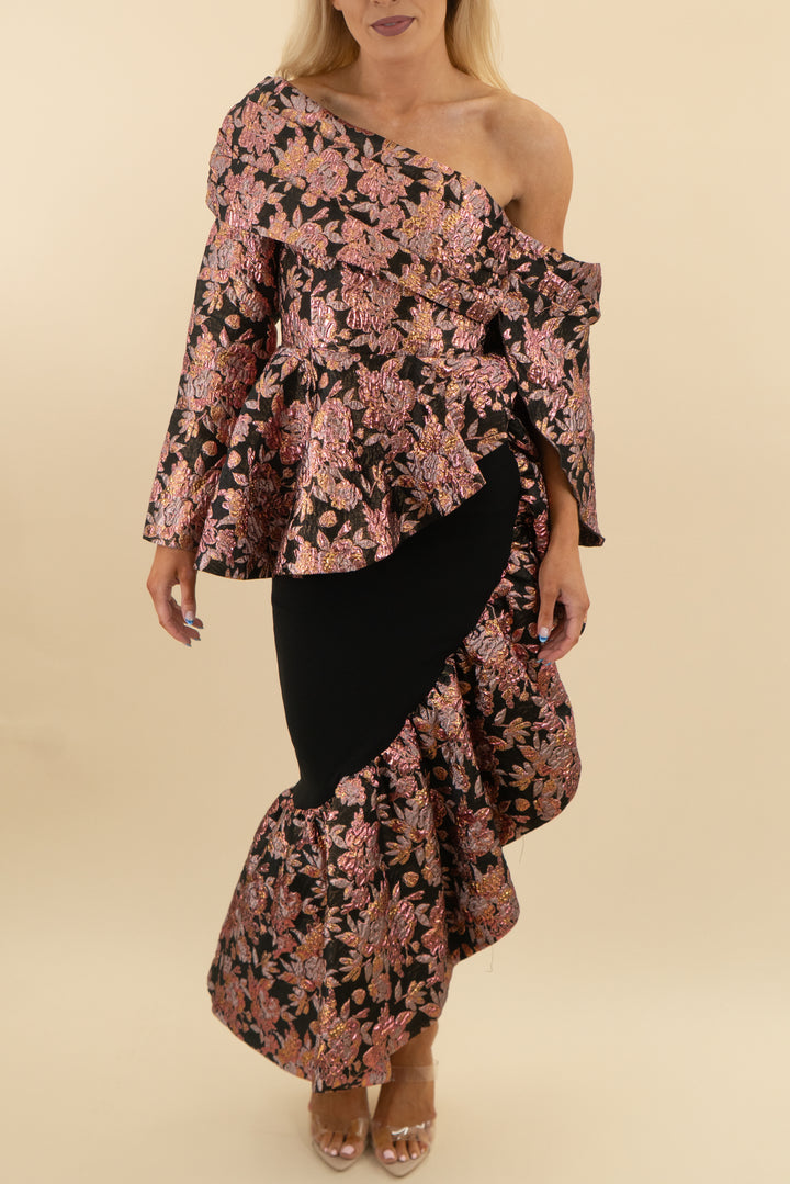 akira black metallic floral jacquard ruffle top and skirt set (s)