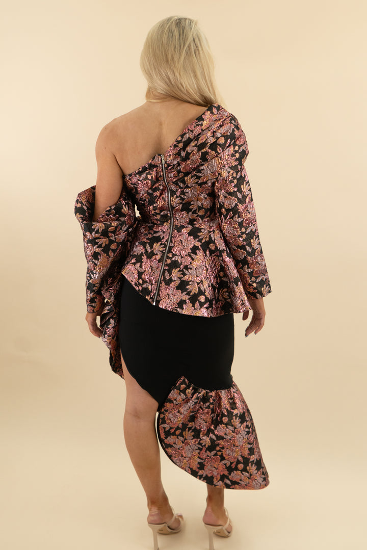 akira black metallic floral jacquard ruffle top and skirt set (s)