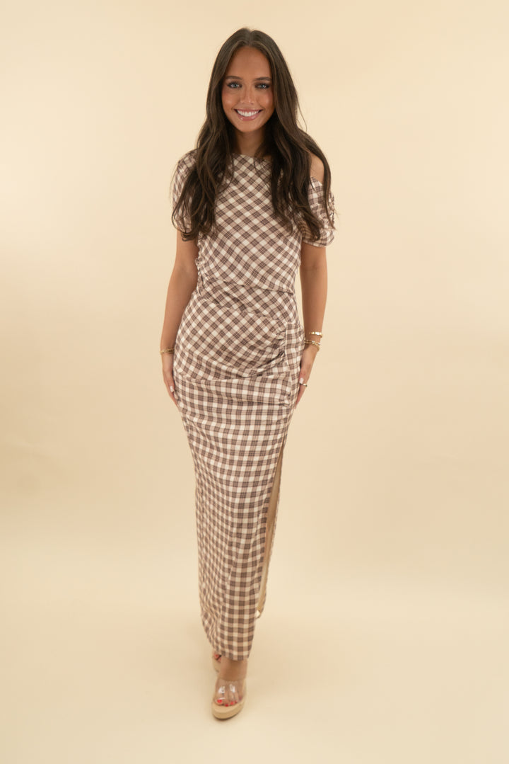 fashion nova one shoulder brown plaid dress (s)