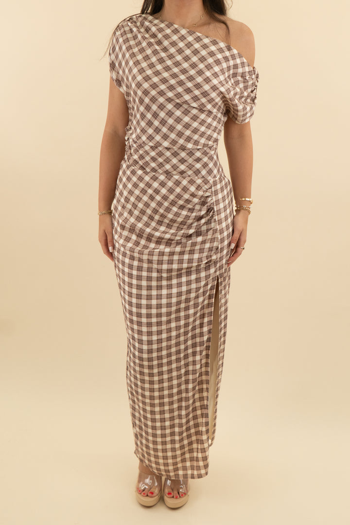 fashion nova one shoulder brown plaid dress (s)