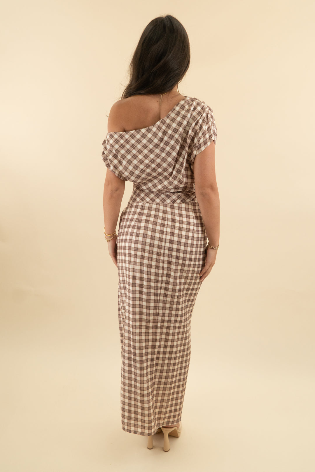 fashion nova one shoulder brown plaid dress (s)
