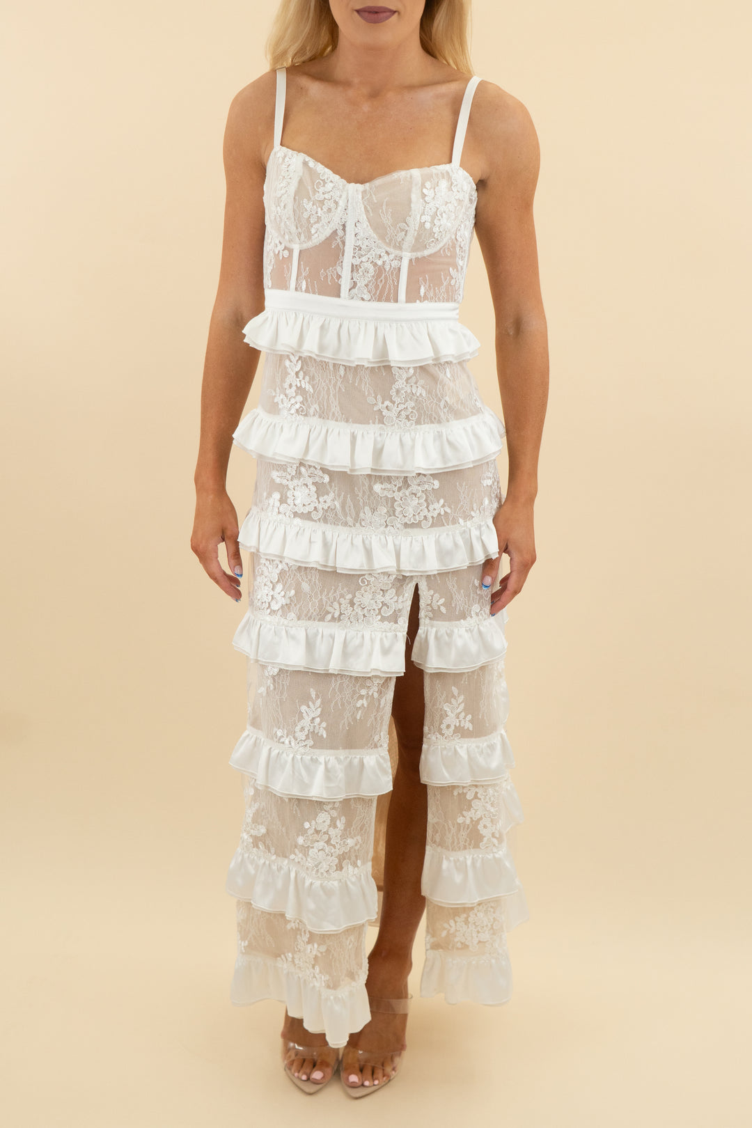 altar'd state white lace ruffle maxi dress (s)