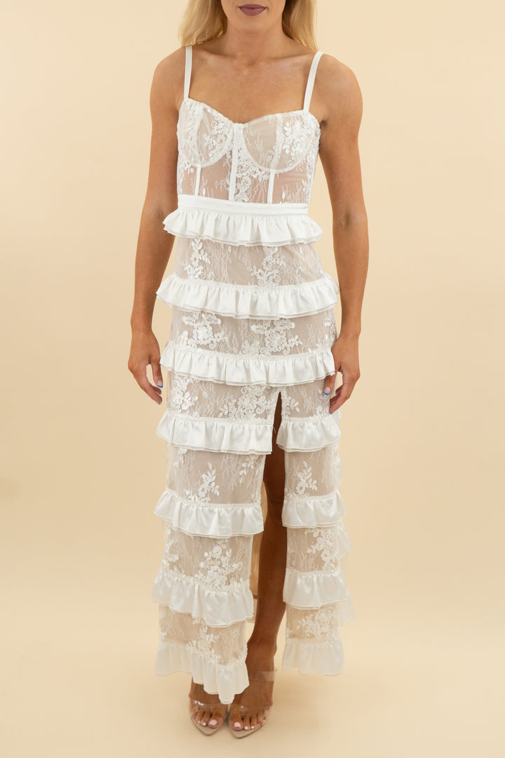 altar'd state white lace ruffle maxi dress (s)
