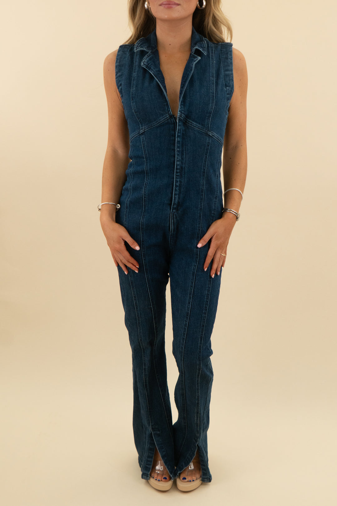 we the free crvy denim sleeveless jumpsuit (xs)