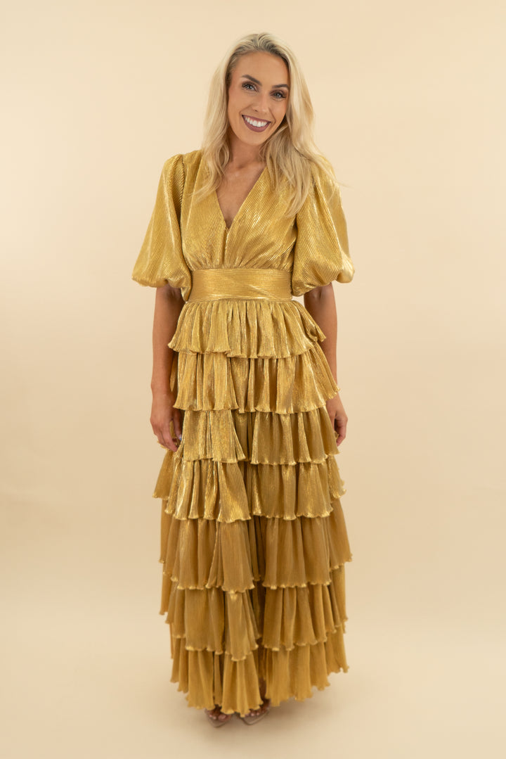 mable yellow pleated ruffle maxi dress (xs)