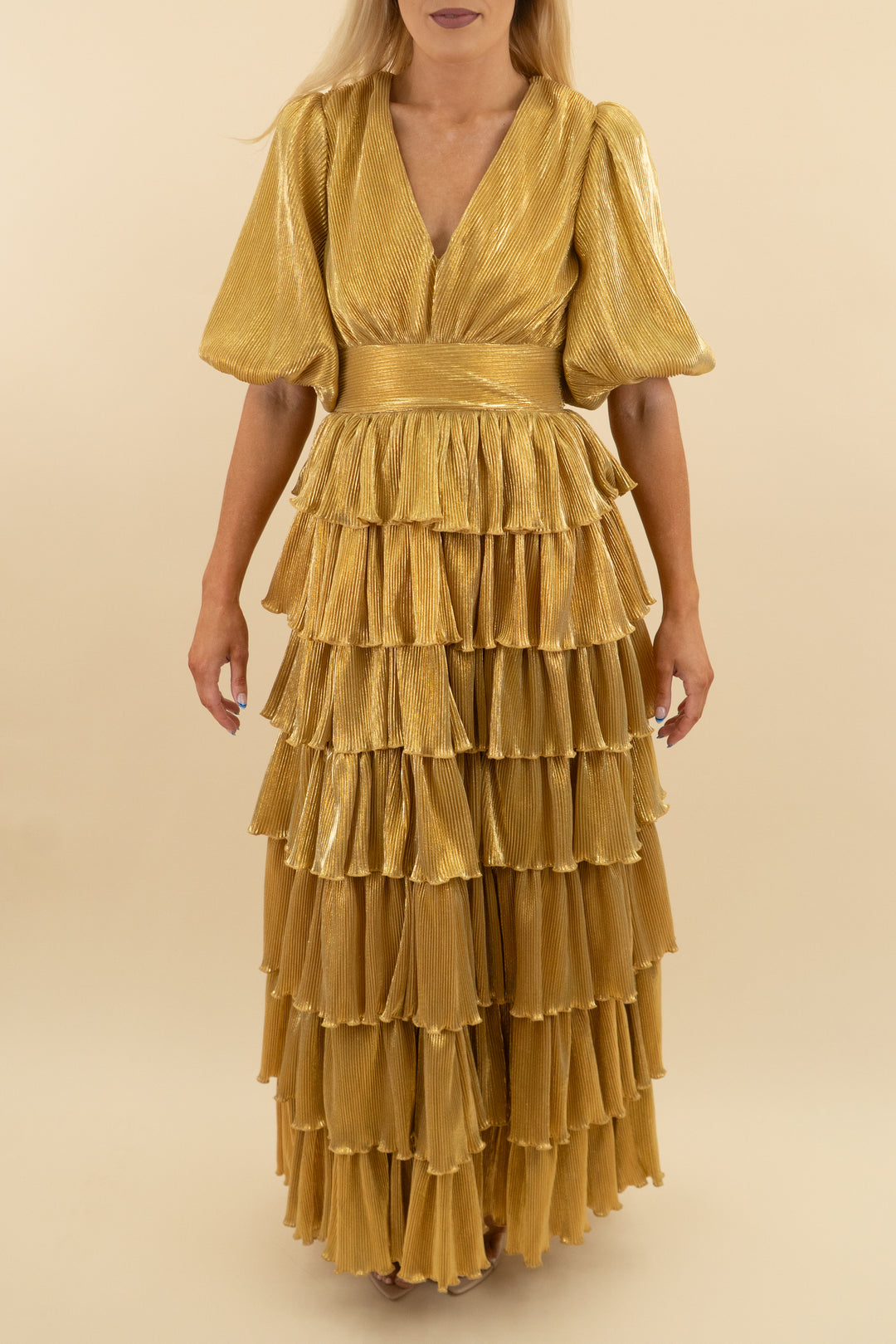 mable yellow pleated ruffle maxi dress (xs)
