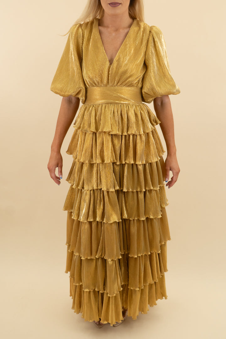 mable yellow pleated ruffle maxi dress (xs)