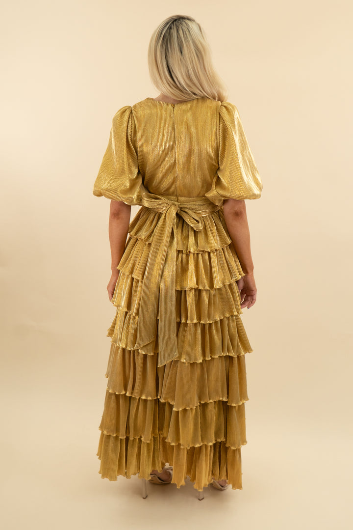 mable yellow pleated ruffle maxi dress (xs)
