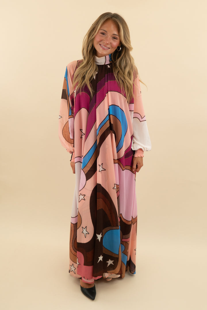 aura pink abstract star maxi dress (xs)