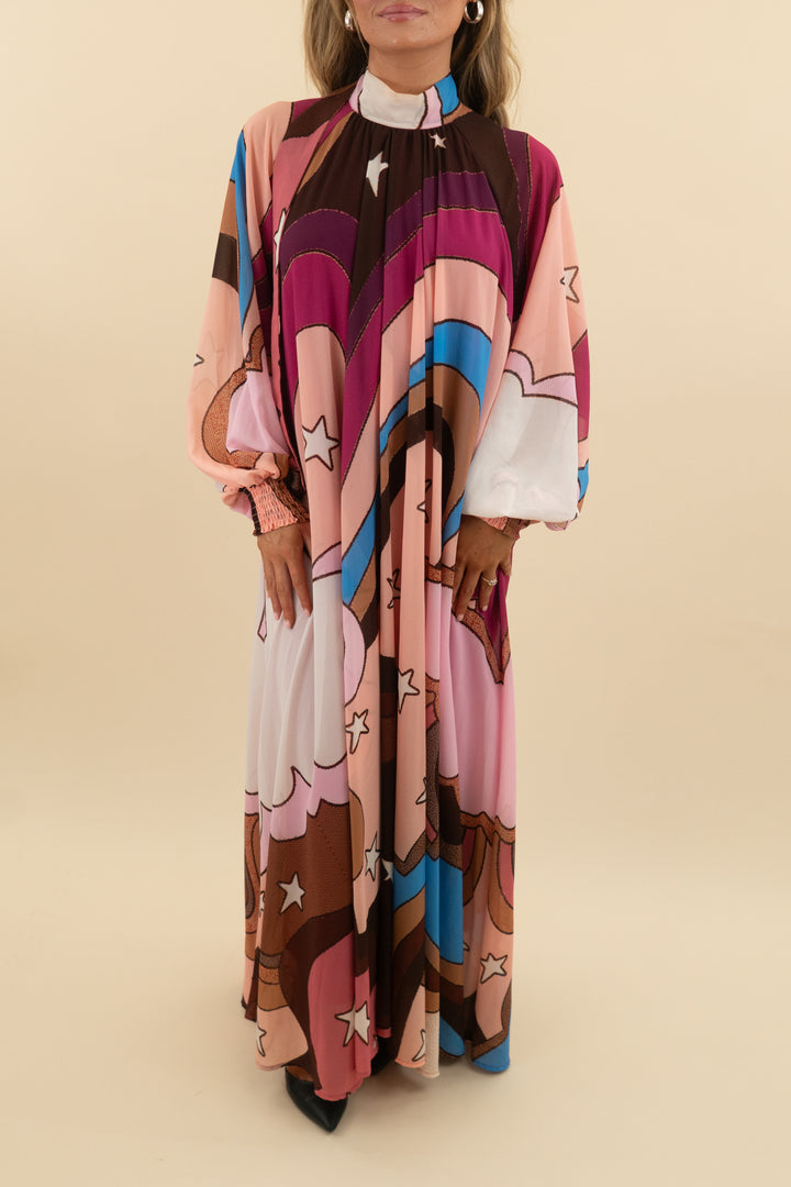 aura pink abstract star maxi dress (xs)