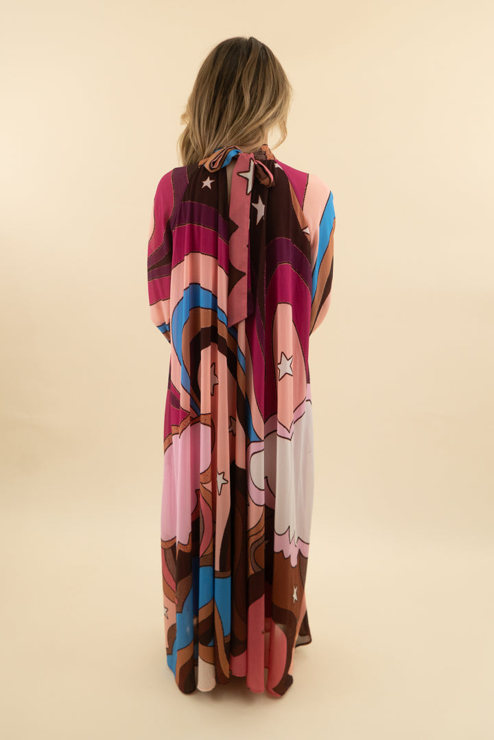 aura pink abstract star maxi dress (xs)