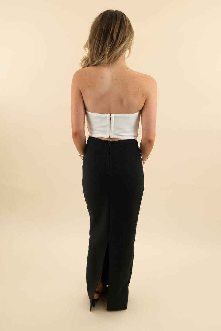fashion nova black and white floral strapless maxi dress (s)