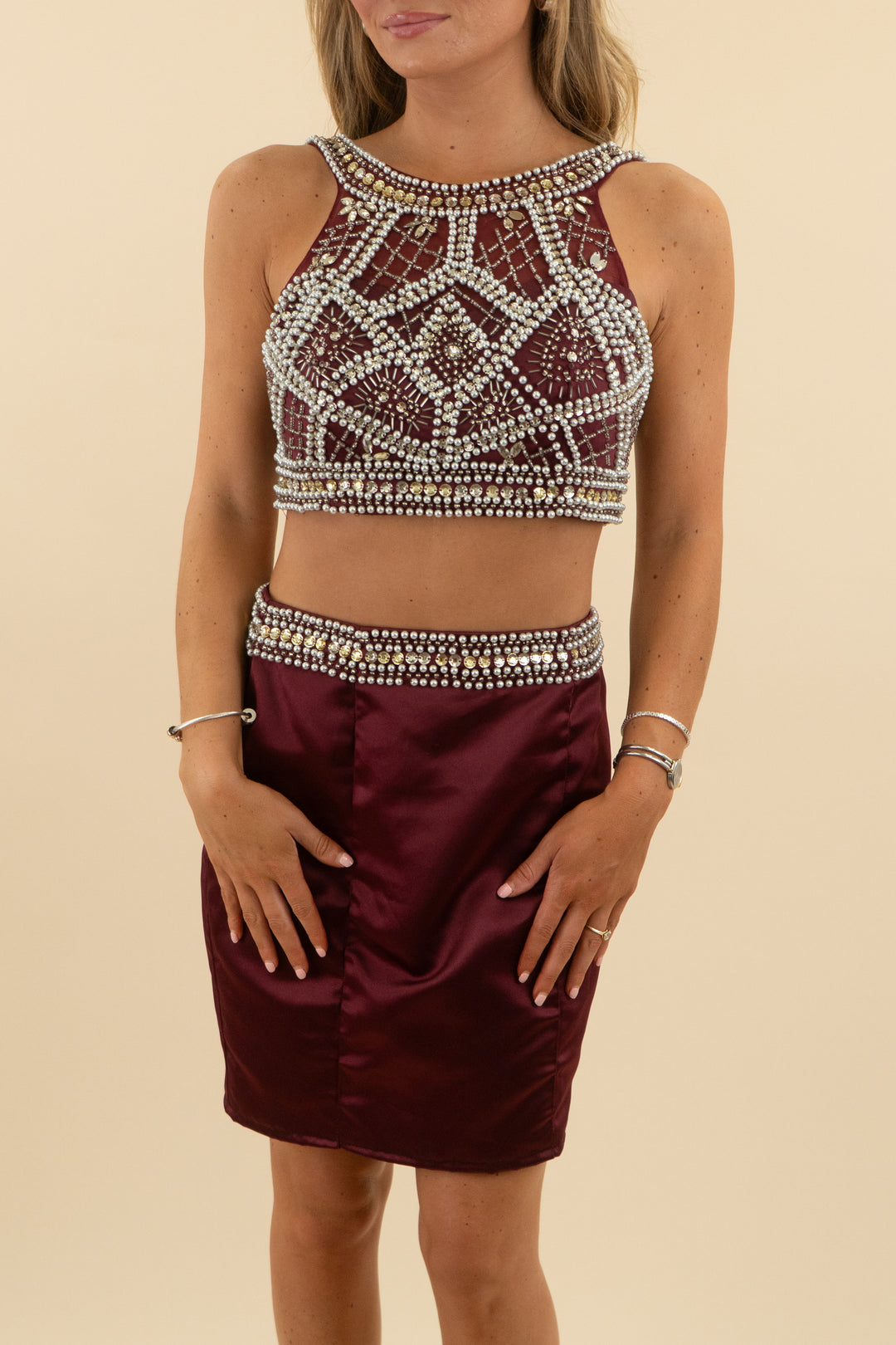 burgundy rhinestone embellished top and mini skirt set (s)