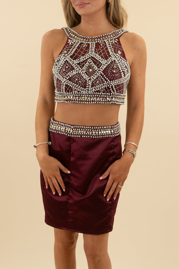 burgundy rhinestone embellished top and mini skirt set (s)