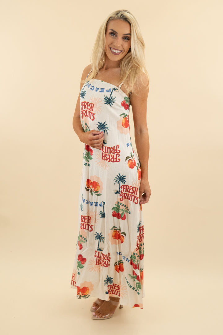 petal & pup cream fresh fruits print convertible midi dress (xs)