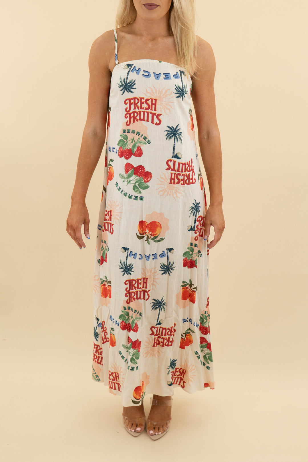 petal & pup cream fresh fruits print convertible midi dress (xs)