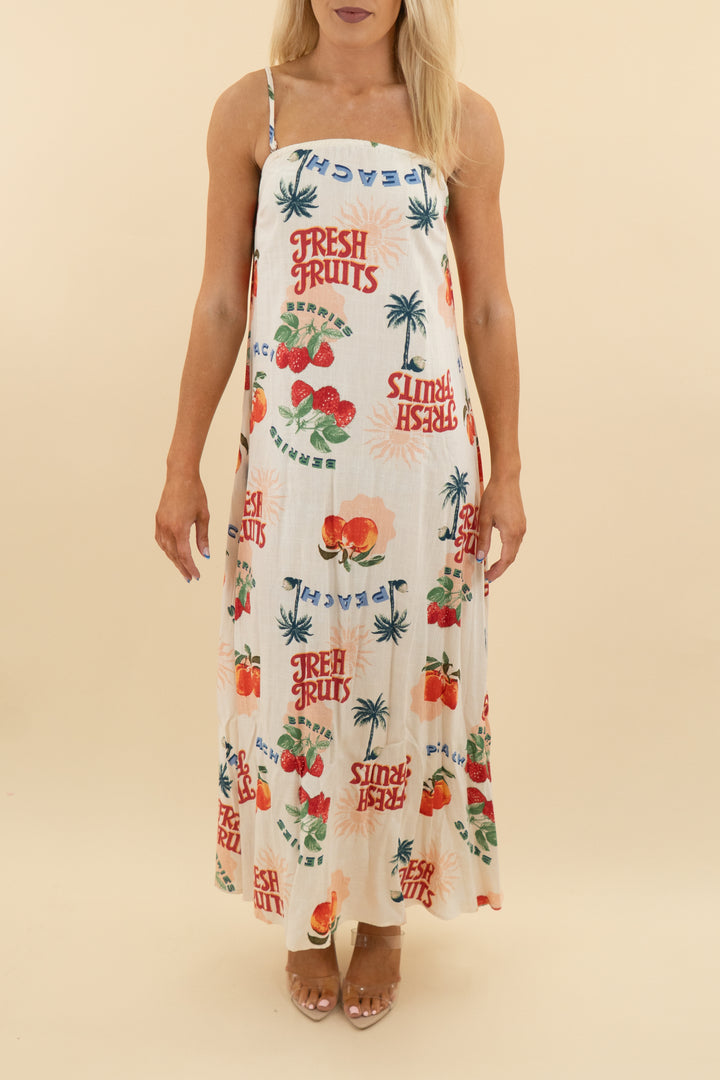 petal & pup cream fresh fruits print convertible midi dress (xs)