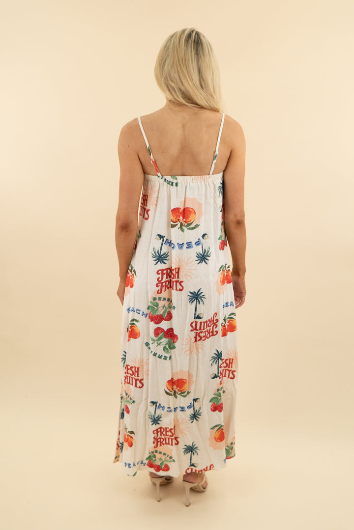 petal & pup cream fresh fruits print convertible midi dress (xs)