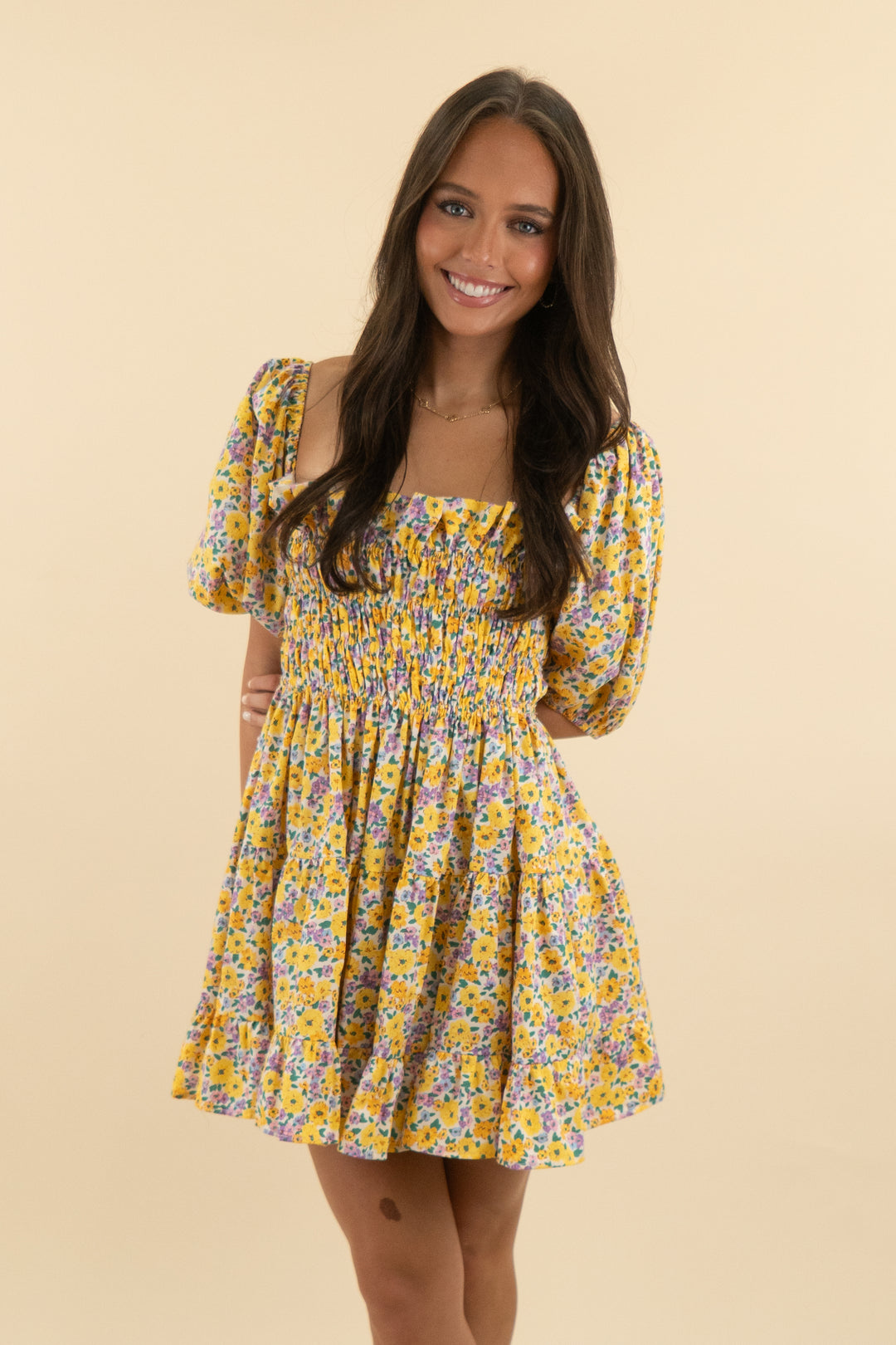 buddy love yellow floral off shoulder smocked mini dress (m; retail $188)