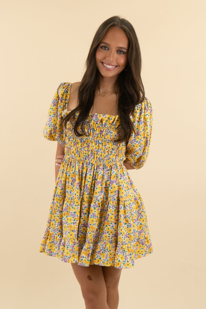 buddy love yellow floral off shoulder smocked mini dress (m; retail $188)