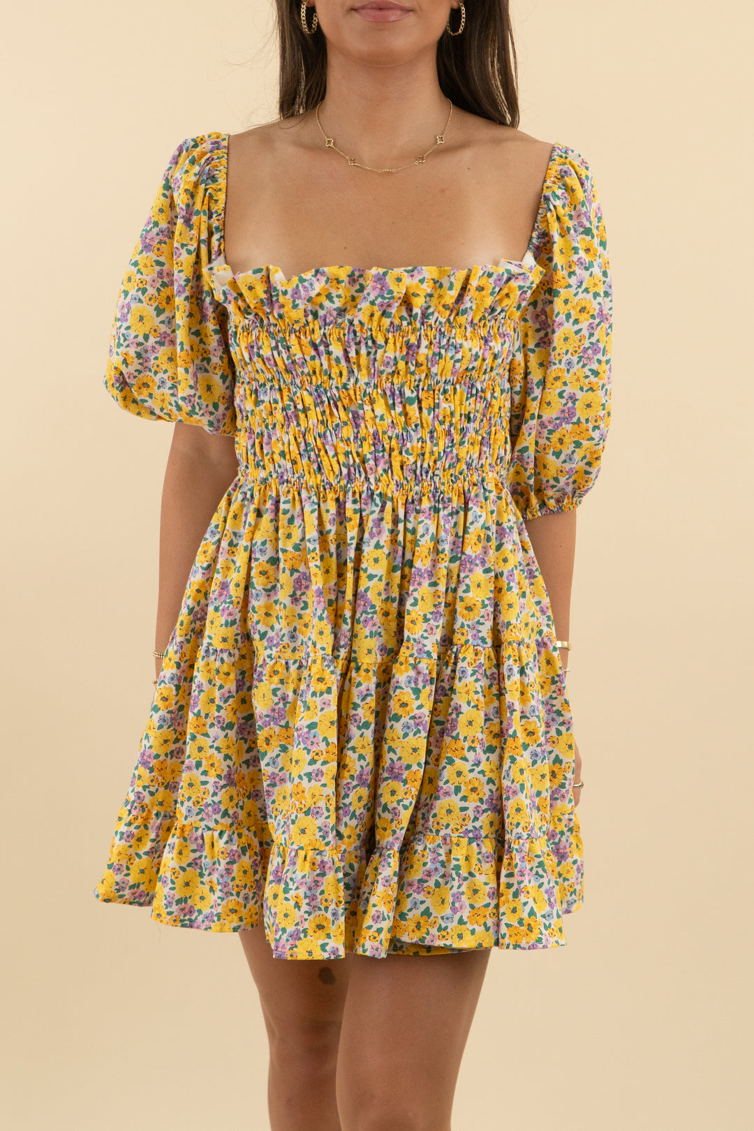 buddy love yellow floral off shoulder smocked mini dress (m; retail $188)