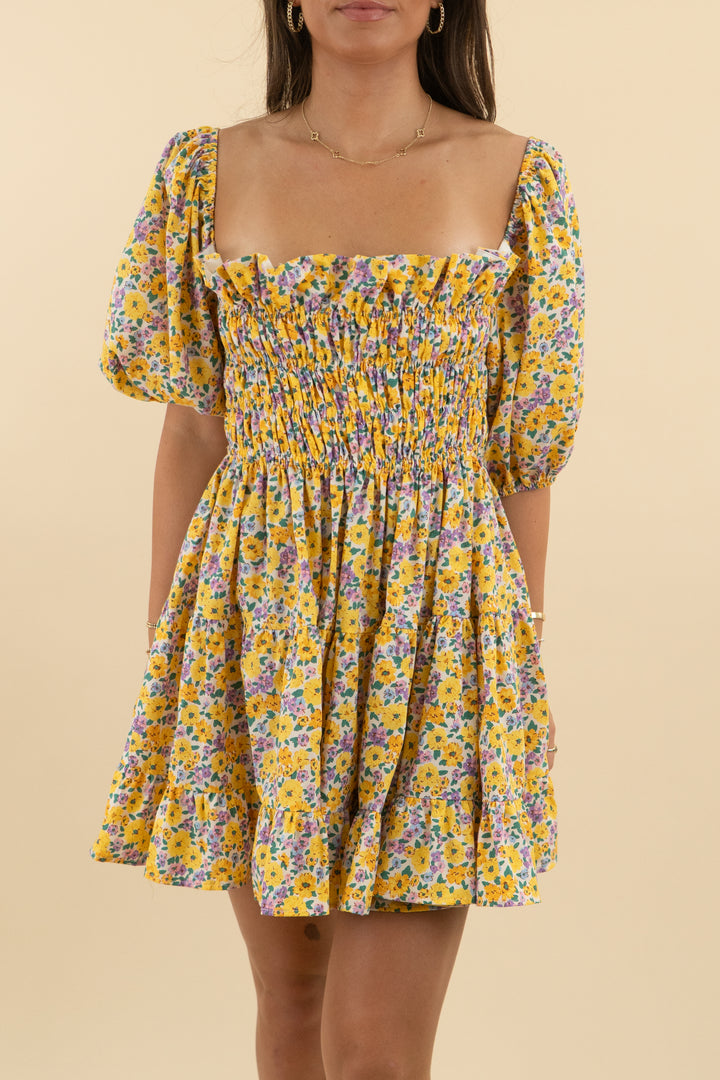 buddy love yellow floral off shoulder smocked mini dress (m; retail $188)