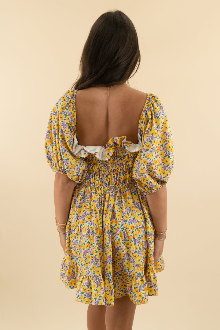 buddy love yellow floral off shoulder smocked mini dress (m; retail $188)