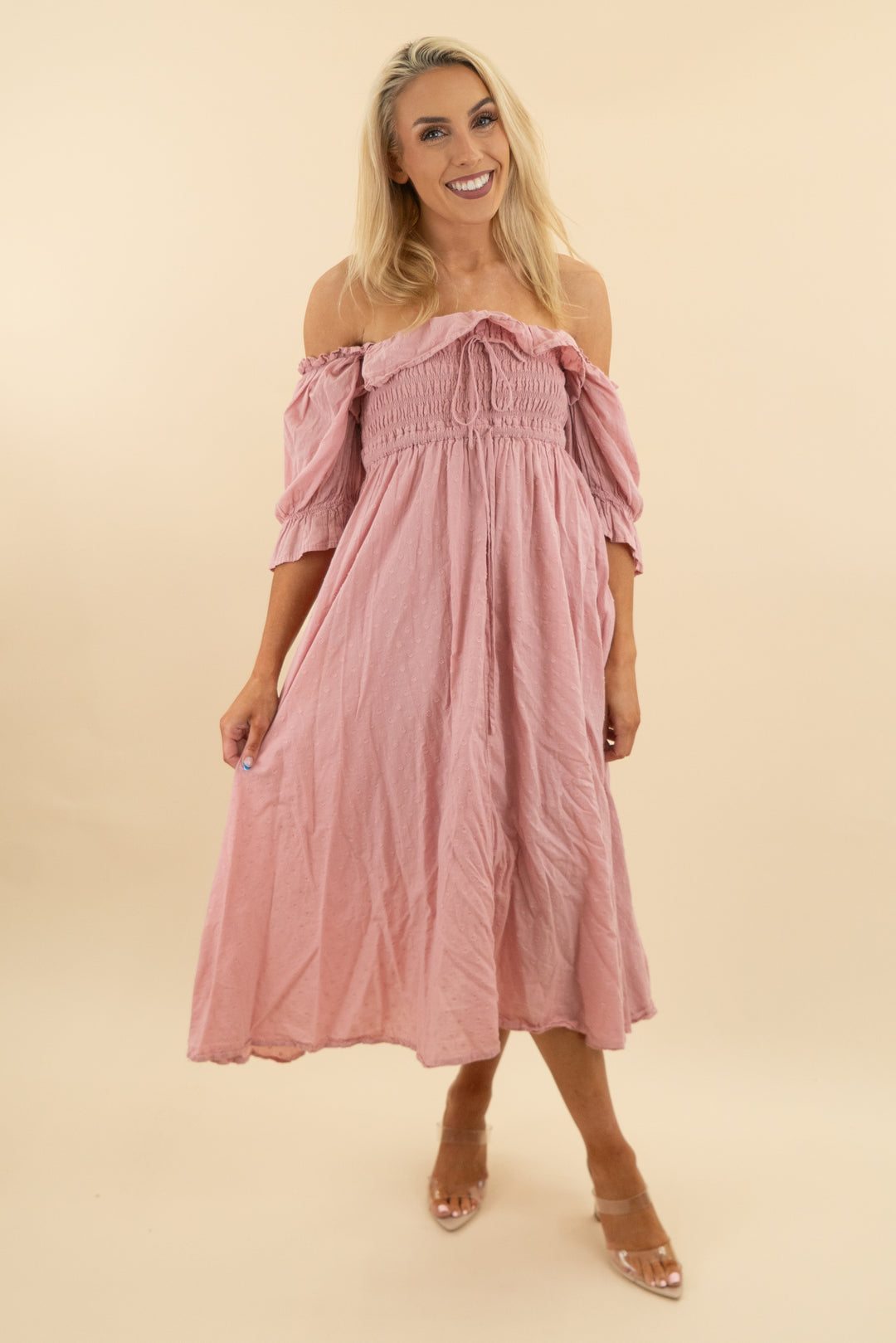 r. vivimos pink textured smocked long dress (m; retail $40)