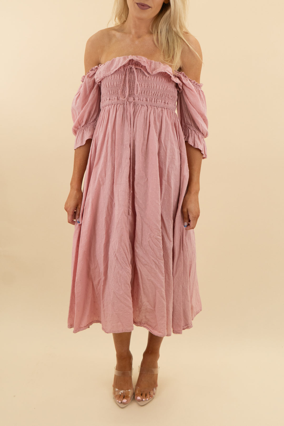 r. vivimos pink textured smocked long dress (m; retail $40)