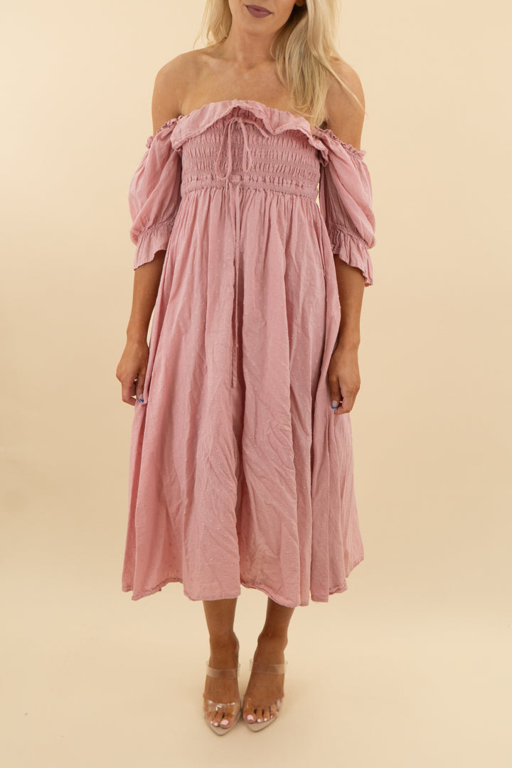 r. vivimos pink textured smocked long dress (m; retail $40)