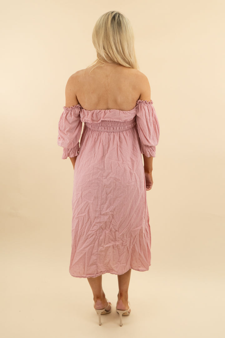 r. vivimos pink textured smocked long dress (m; retail $40)