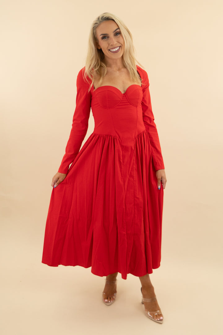 parthea red long sleeve maxi dress (m: retail $65)