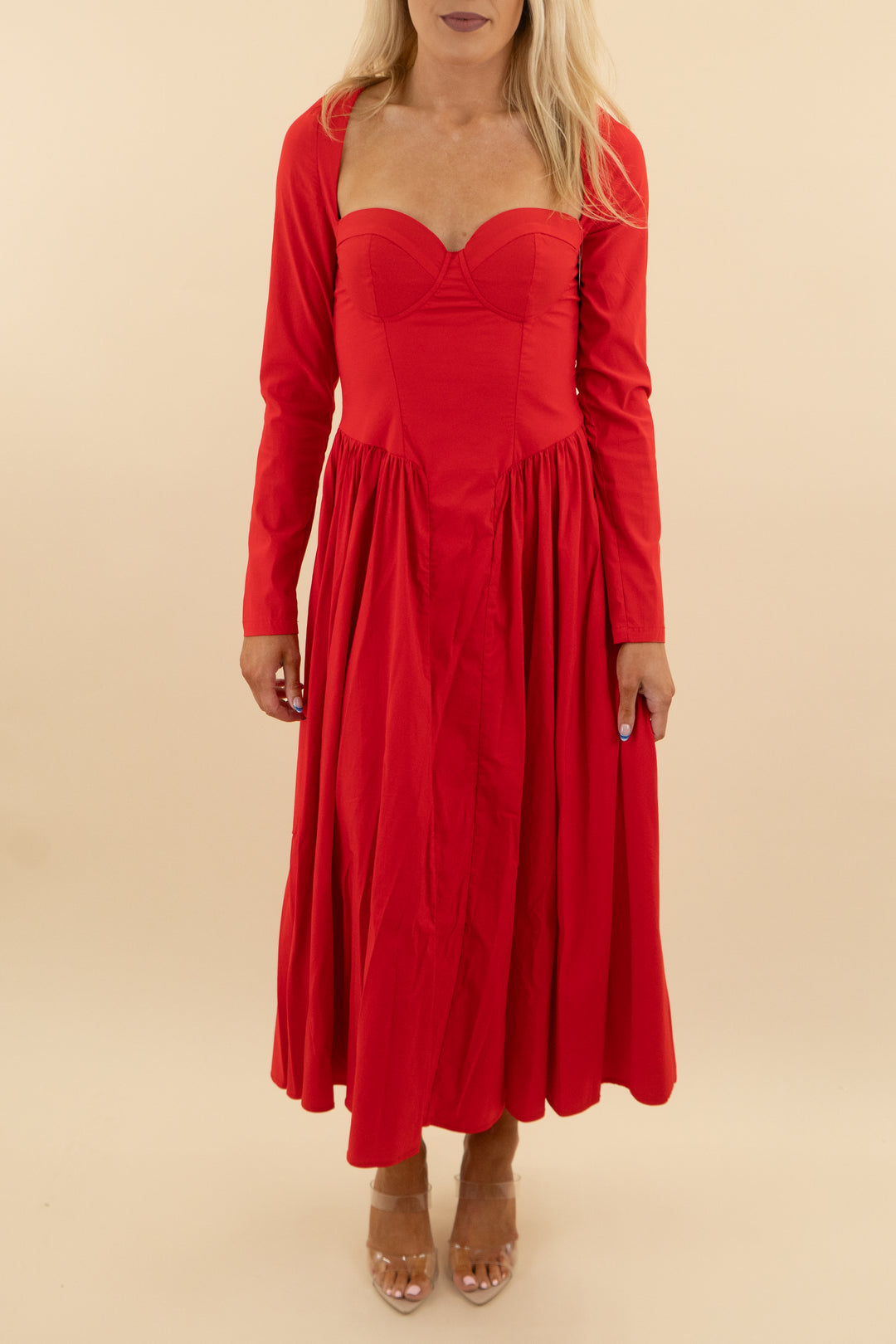 parthea red long sleeve maxi dress (m: retail $65)