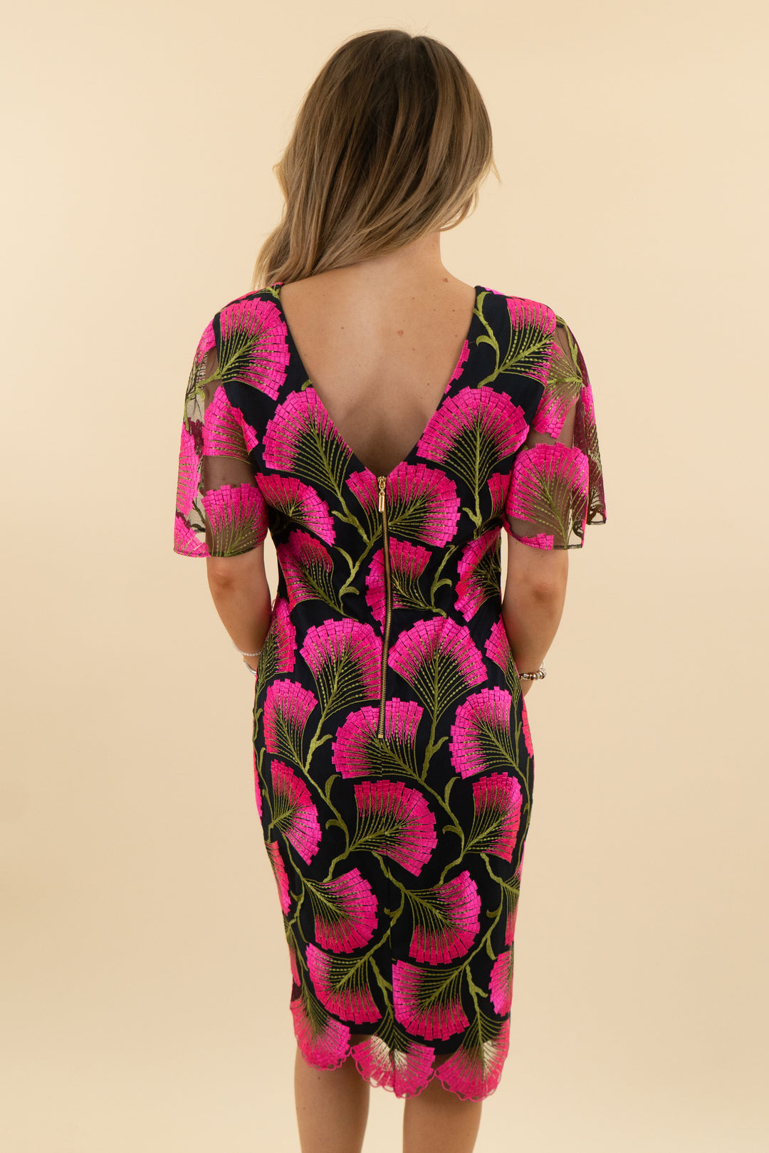 trina turk black/ hot pink stitched floral midi dress nwt (6; retail $418)