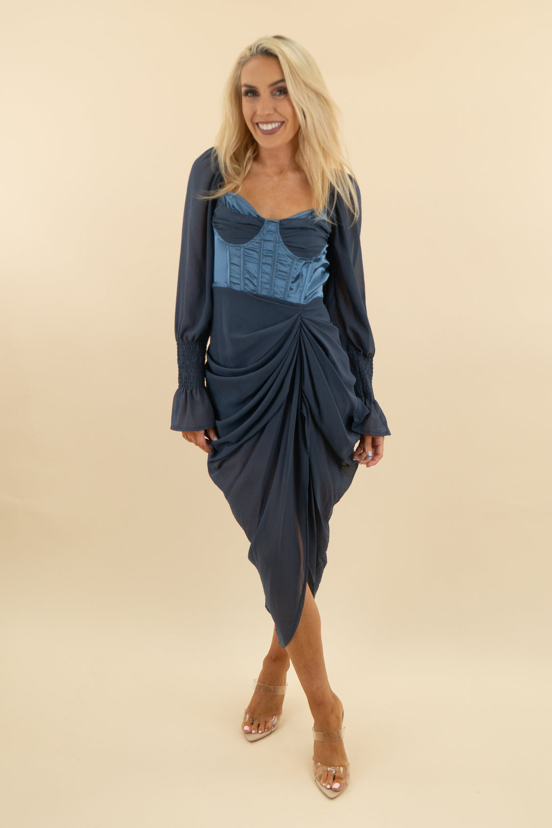 pretty little thing navy long sleeve mini dress (10: retail $130)