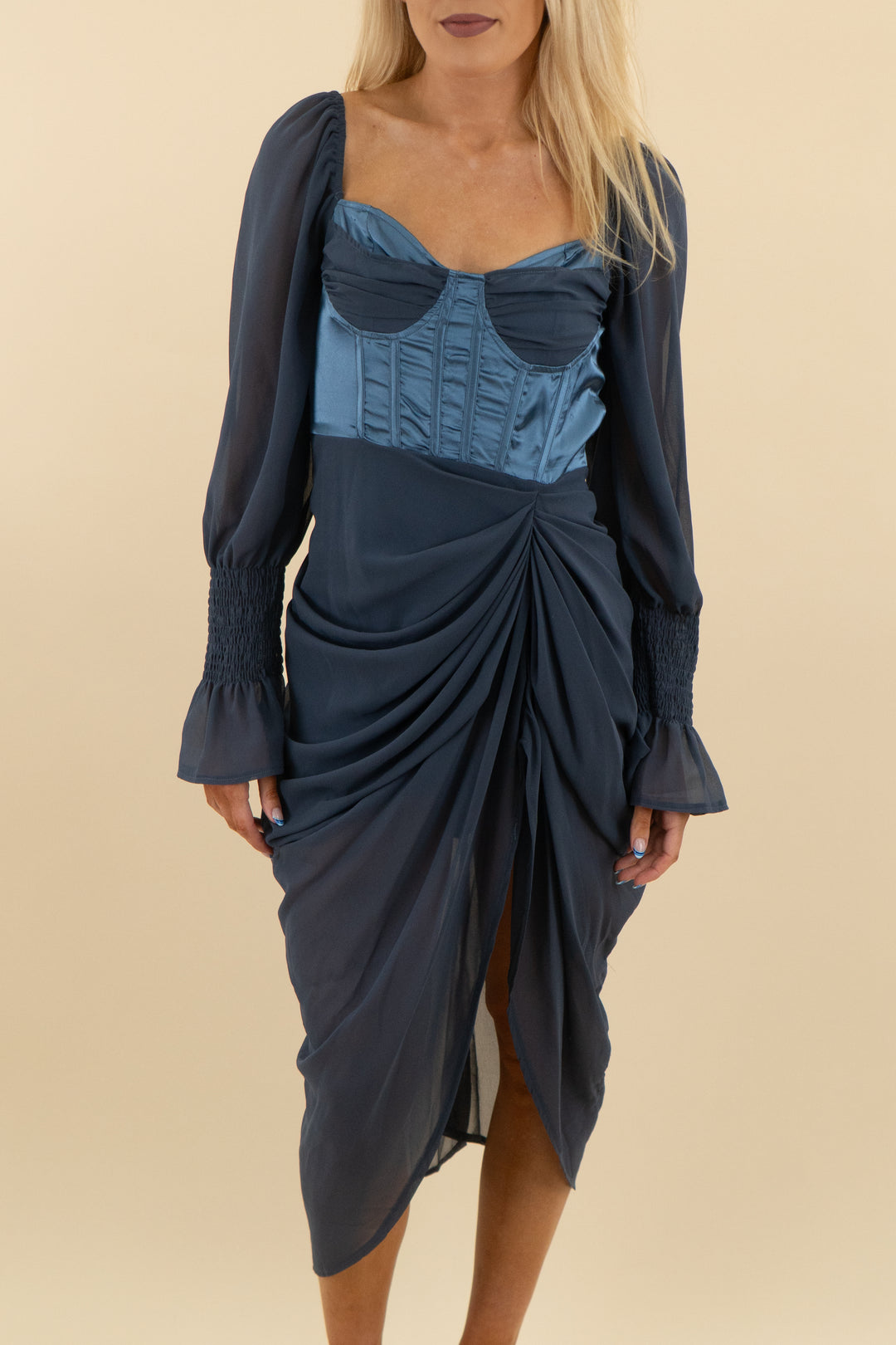 pretty little thing navy long sleeve mini dress (10: retail $130)