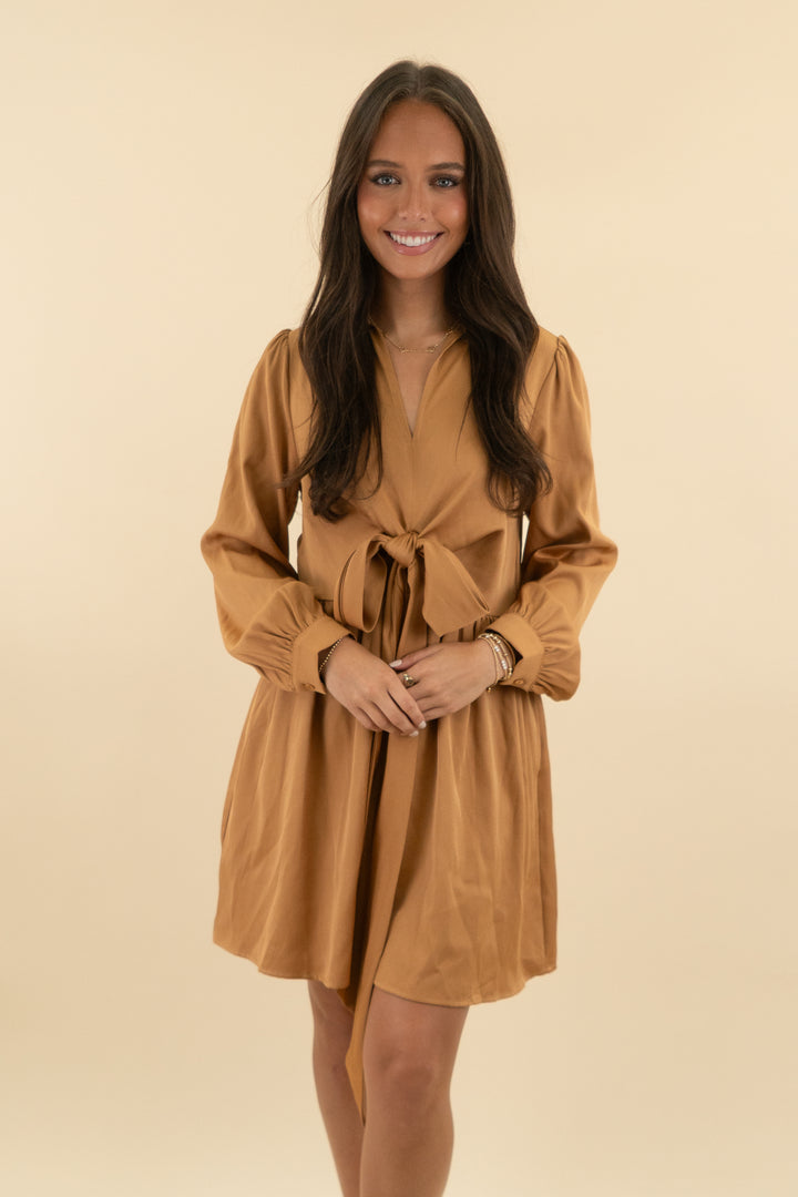in february tan long sleeve tie mini dress nwt (s; retail $74)