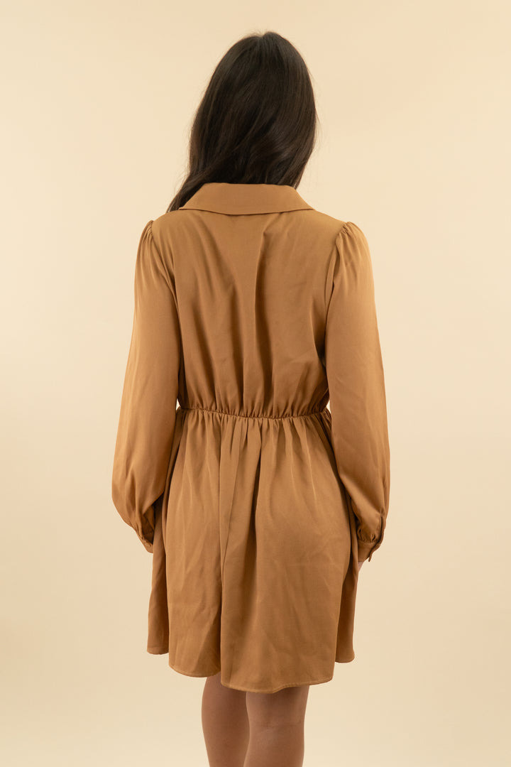in february tan long sleeve tie mini dress nwt (s; retail $74)
