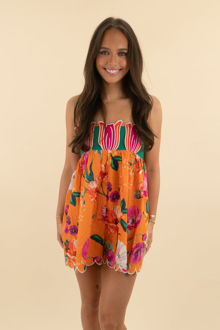 Celandine Orange Floral Strapless Romper nwt (s; retail $138)
