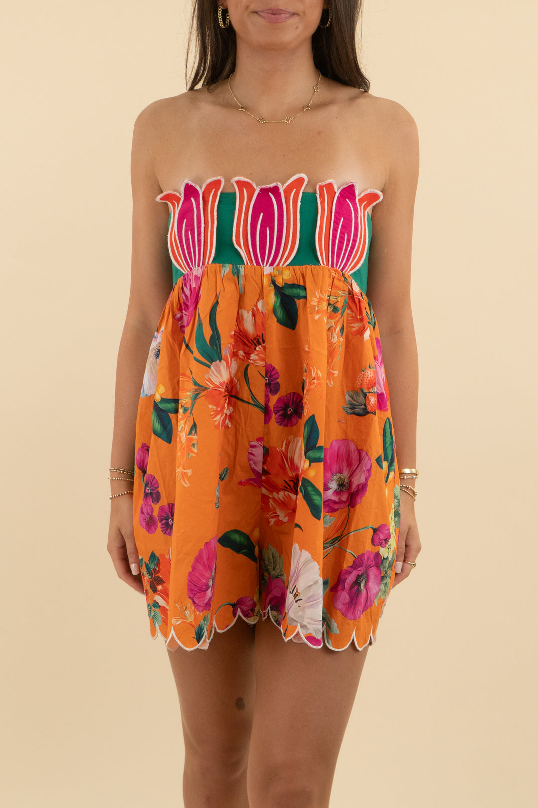 Celandine Orange Floral Strapless Romper nwt (s; retail $138)