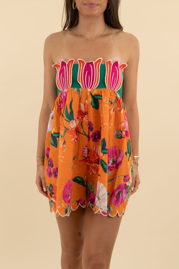 Celandine Orange Floral Strapless Romper nwt (s; retail $138)