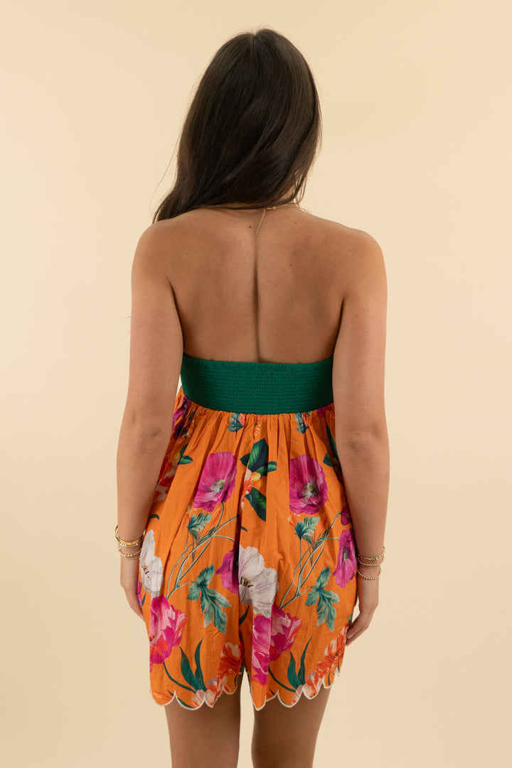 Celandine Orange Floral Strapless Romper nwt (s; retail $138)