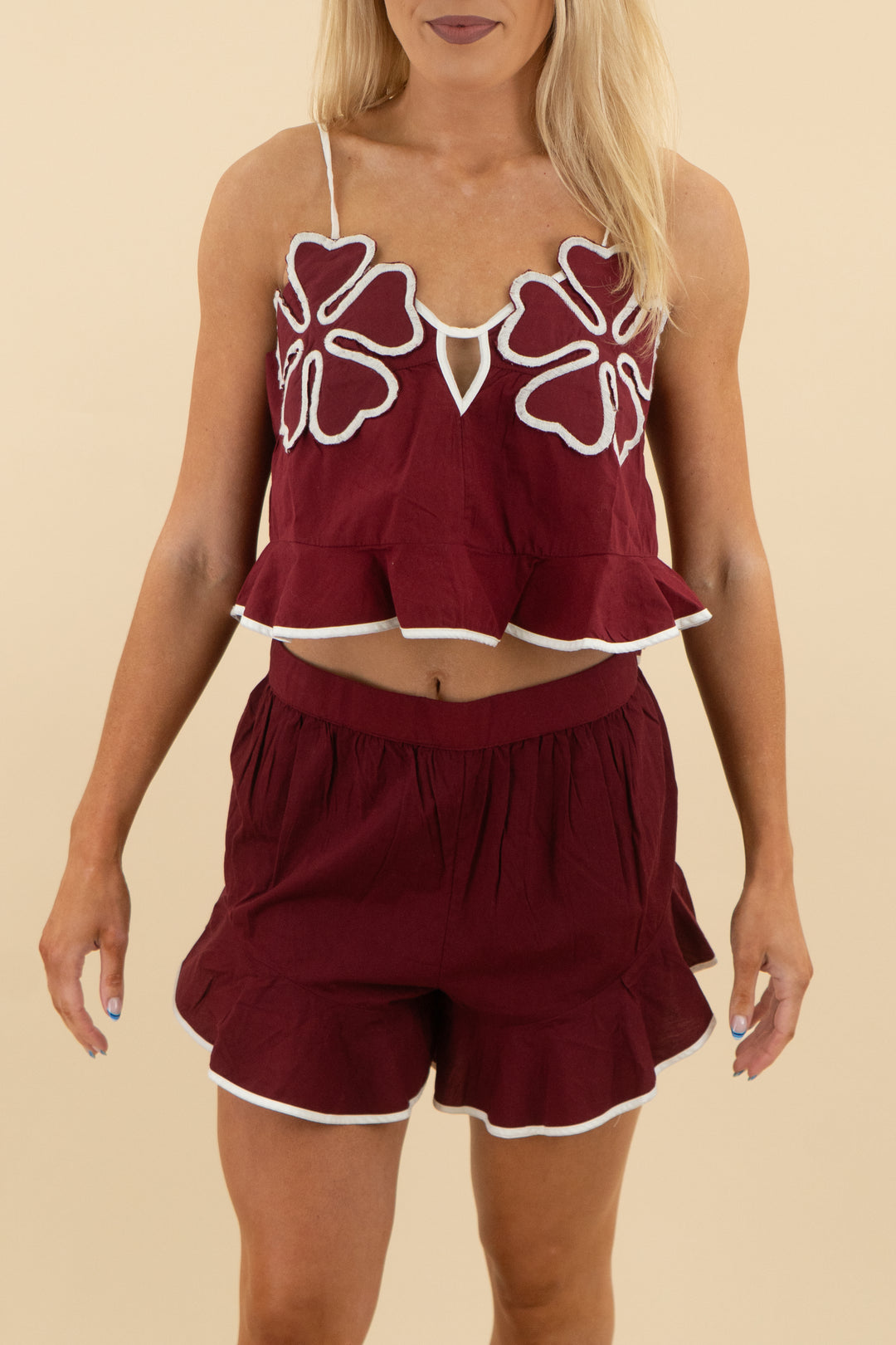 Celandine Wine Top with White Details nwt (s; retail $68)