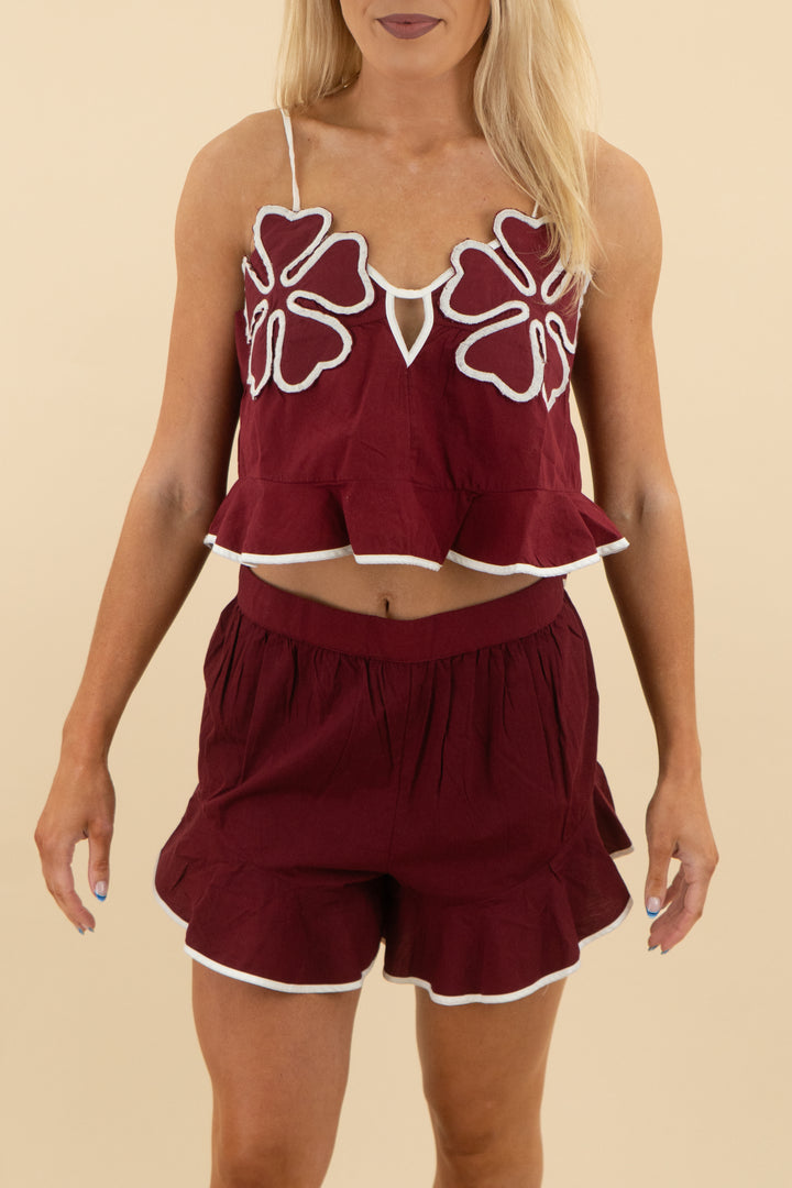 Celandine Wine Top with White Details nwt (s; retail $68)